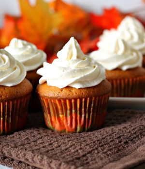Caramel Pumpkin Spice Cupcakes with Marshmallow Frosting