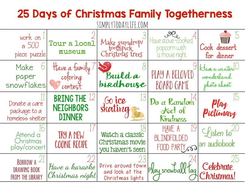25 Days Of Christmas Family Togetherness Activity Calendar