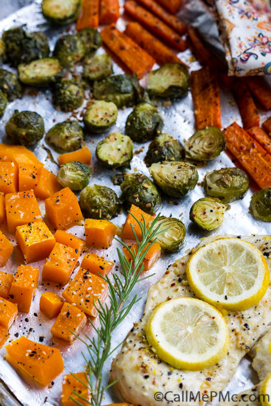 Flavorful Sheet Pan Roasted Chicken, Butternut Squash, Brussels, and Carrots