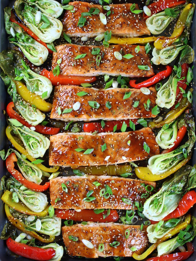 HONEY-LIME ROASTED SHEET PAN SALMON AND VEGETABLES RECIPE