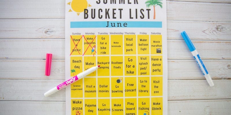 Printable Summer Bucket List Calendar