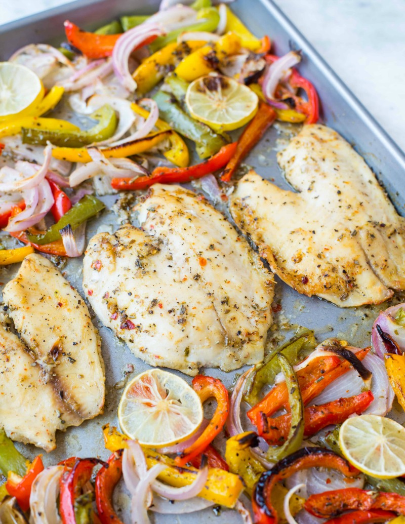 OVEN BAKED TILAPIA AND VEGGIES IN LEMON GARLIC SAUCE