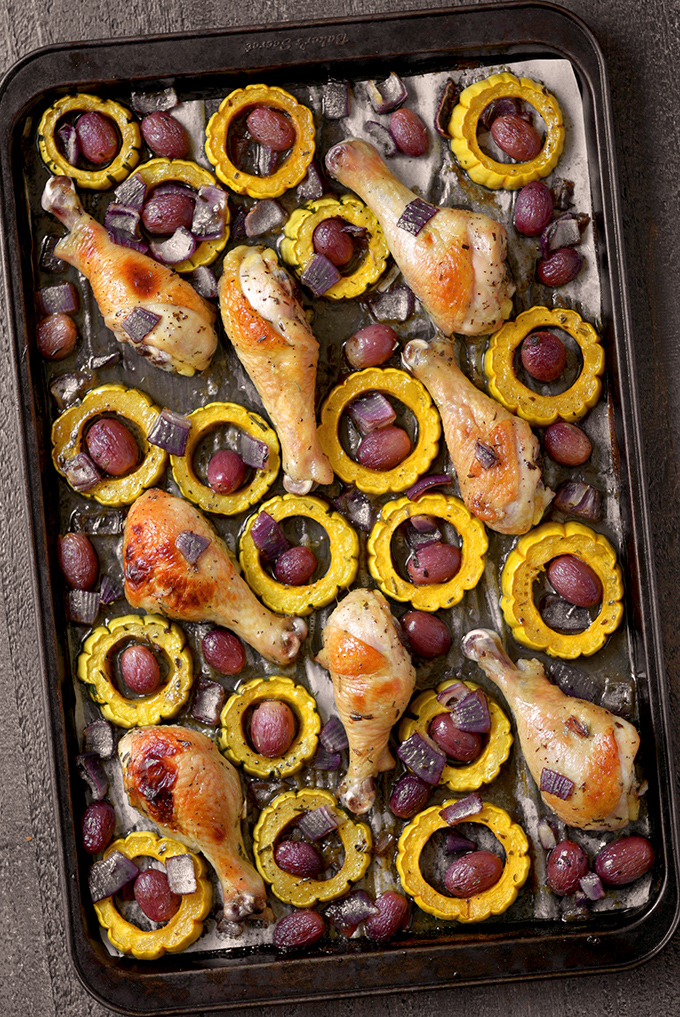 SHEET PAN CHICKEN DRUMSTICKS WITH DELICATA AND GRAPES